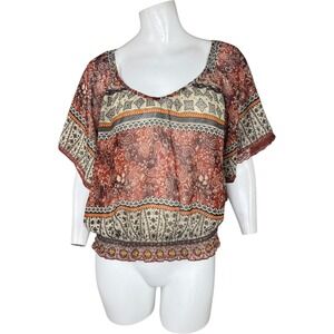 Wet Seal Boho Paisley Floral Peasant Top Sheer Smocked Hem Scoop Neck Small
